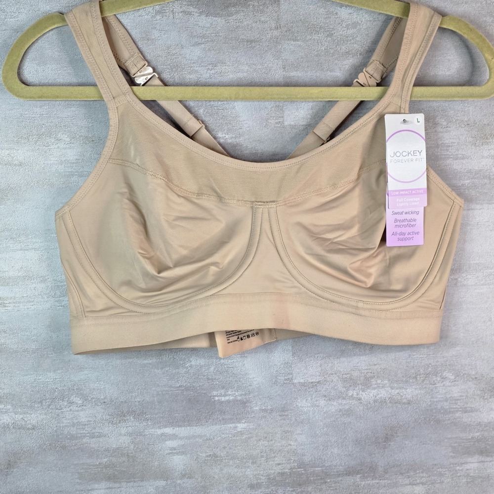 NWT Jockey Forever Fit low-impact active wireless bra beige lightly Lined Large